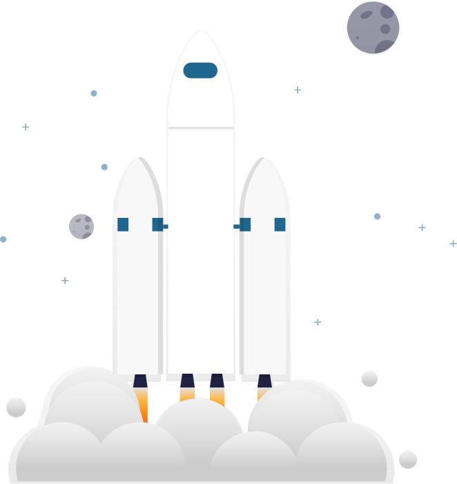 Illustration: Eine Rakete mit zwei Triebwerken startet durch.
